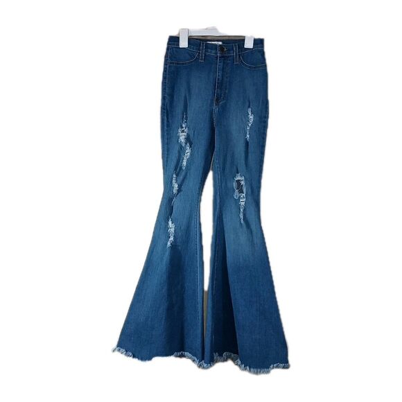 Vibrant MIU Blue Jean Wide Bell Bottom Flared Distressed High Waisted Sz 9/28 - Picture 1 of 16